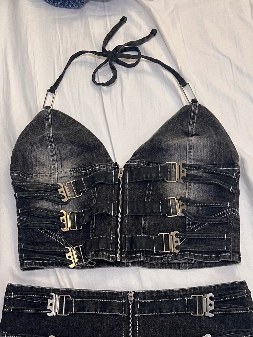 Black Denim Buckle-Detail Crop Top - Women's Black